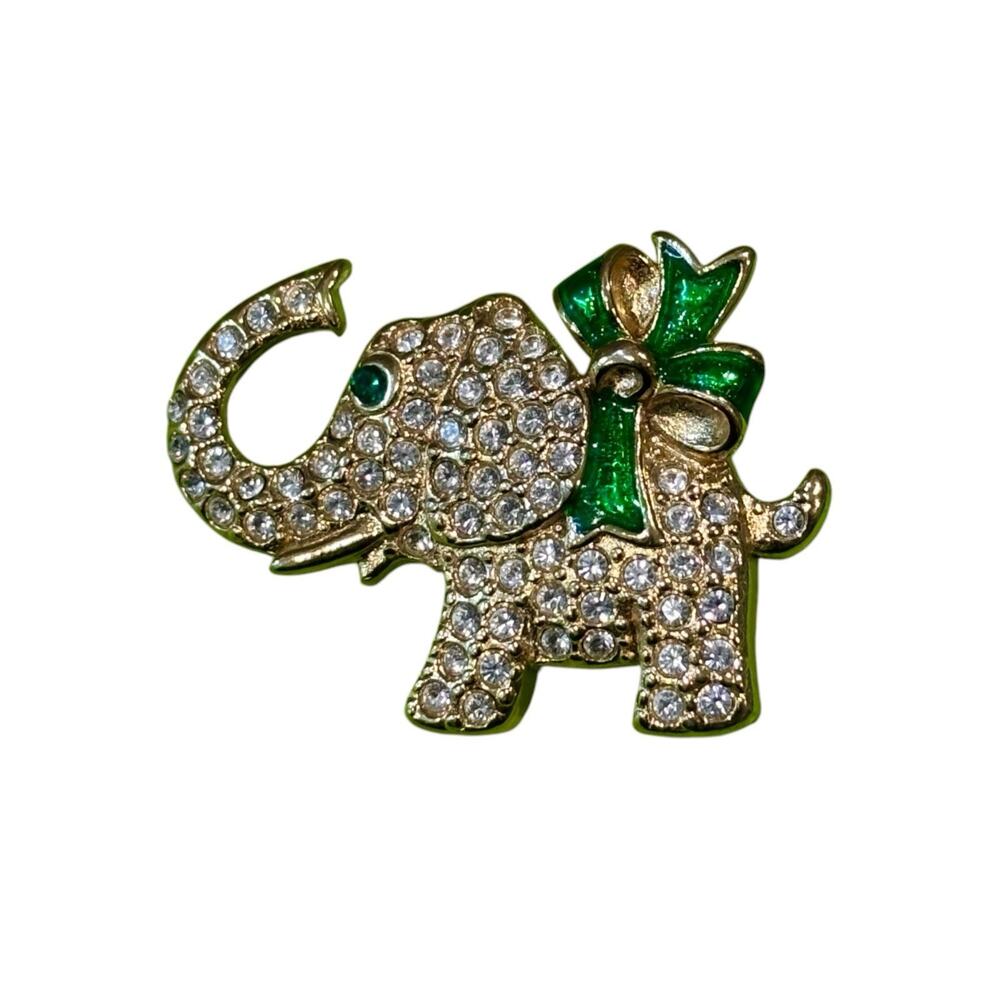 Vintage MONET Signed Rhinestone & Green Enamel Gold Tone Elephant Pin Brooch